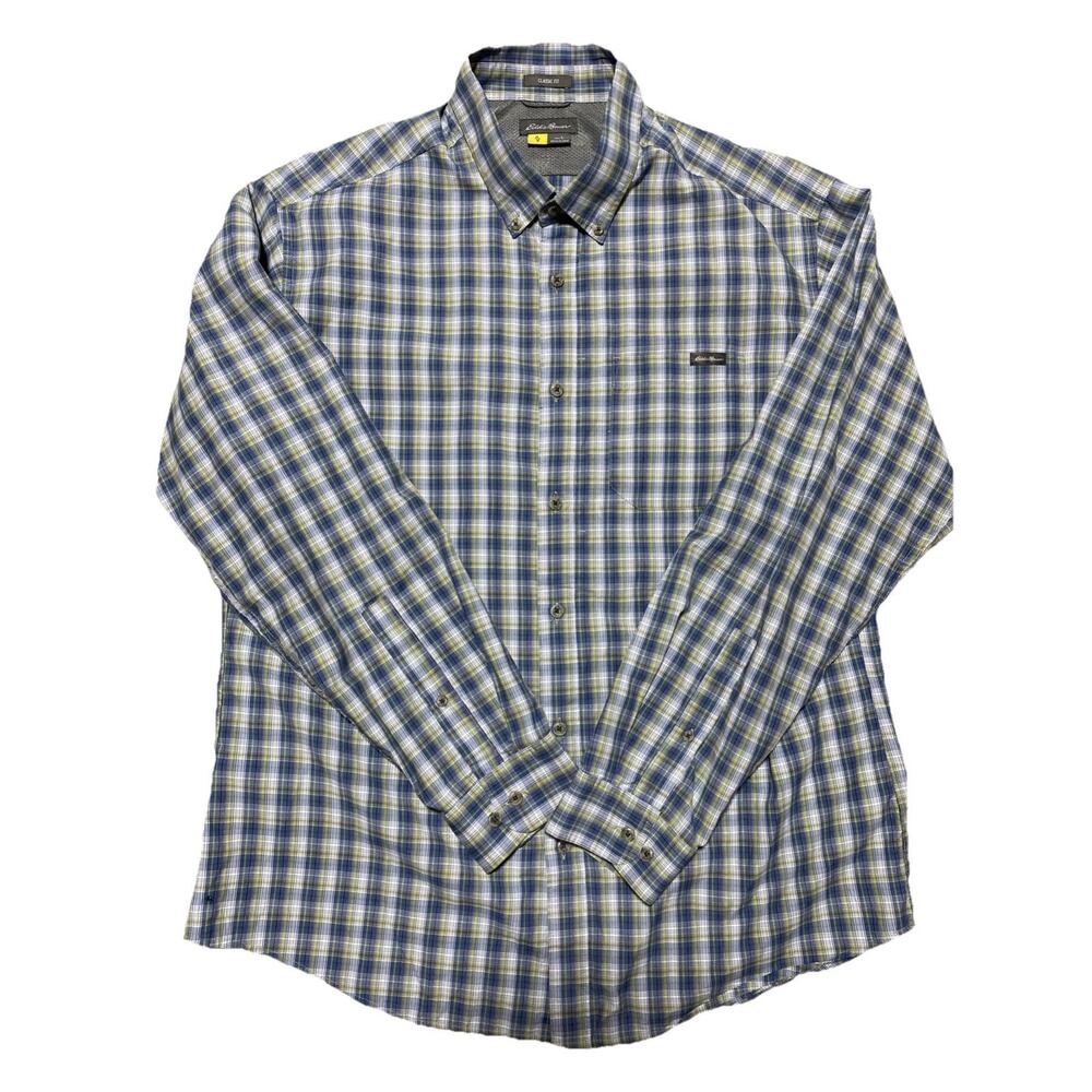 Eddie Bauer Shirt Mens Large Blue Travex Classic Fit Plaid Outdoors Gorpcore